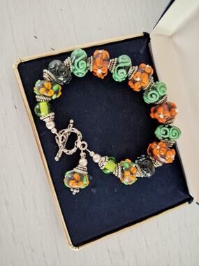 Vintage Artisan Green and Orange Lampwork glass Bead Toggle Clasp Bracelet